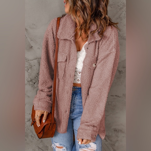 Sweet Tees XO Boutique Jackets & Blazers - Mauve Button Front Teddy Jacket with Pockets